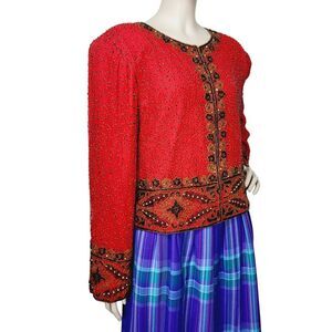 Vintage 100% Silk Red Beaded Border Print Formal Dinner Jacket Laurence Kazar